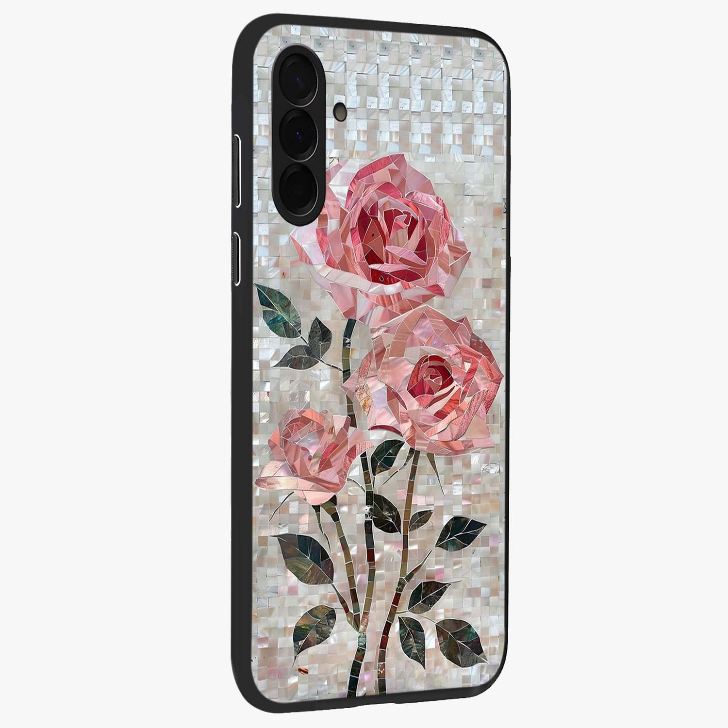 Blush Mosaic Bloom Glass Case upright view showcasing decorative floral mosaic artwork with stylish modern aesthetic.
