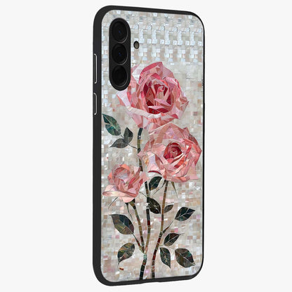 Blush Mosaic Bloom Glass Case upright view showcasing decorative floral mosaic artwork with stylish modern aesthetic.