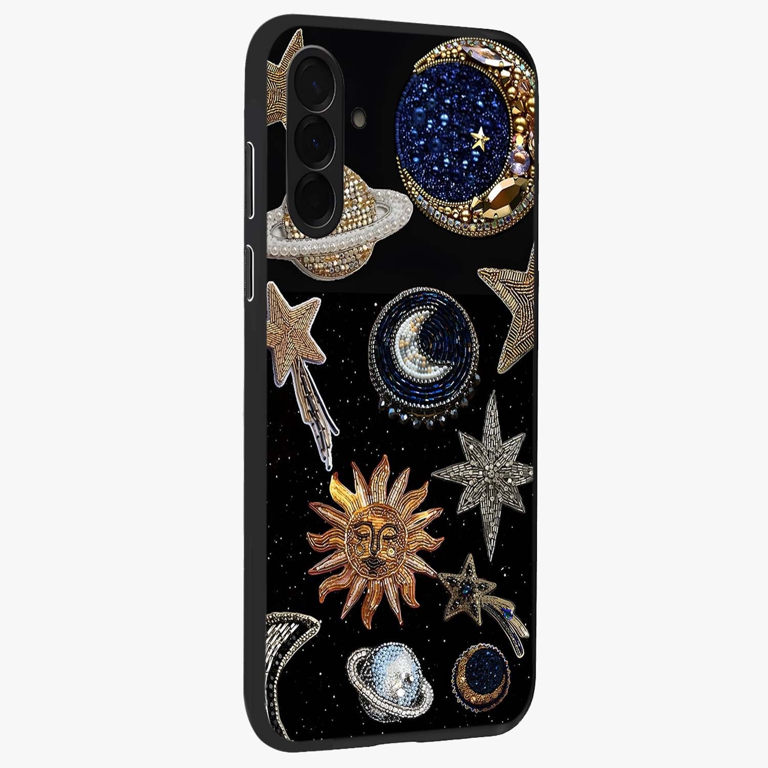 Celestial Gem Constellations Glass Case upright view showcasing cosmic constellation artwork with celestial aesthetic style.