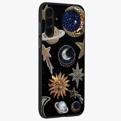 Celestial Gem Constellations Glass Case upright view showcasing cosmic constellation artwork with celestial aesthetic style.