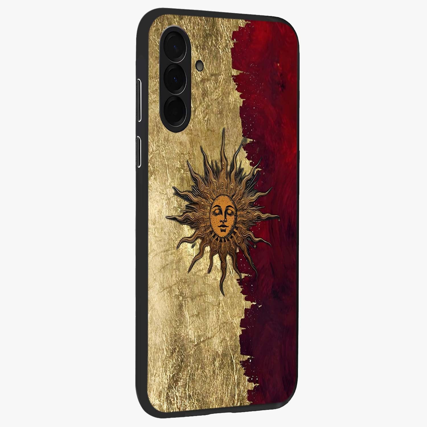 Crimson Sun Majesty Glass Case upright view showcasing vibrant sun artwork with powerful celestial theme.