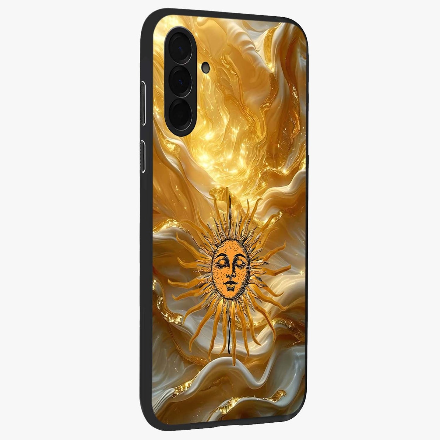 Eternal Golden Glow Glass Case upright view showcasing luminous golden artwork with luxurious visual theme.