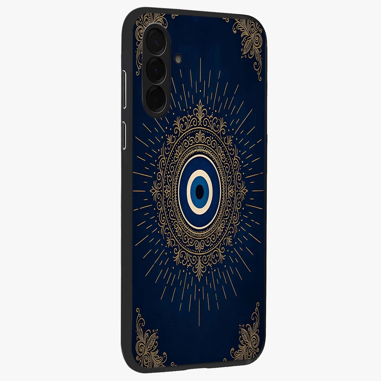 Golden Celestial Charm Glass Case upright view showcasing radiant celestial artwork with elegant golden theme.