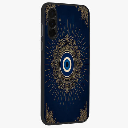 Golden Celestial Charm Glass Case upright view showcasing radiant celestial artwork with elegant golden theme.
