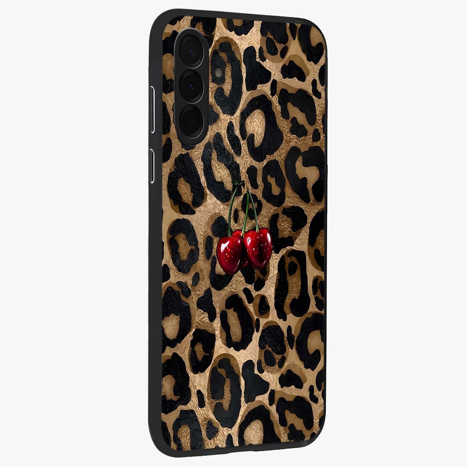 Leopard Wild Cherry Glass Case upright view showcasing stylish leopard pattern artwork with trendy fashion theme.