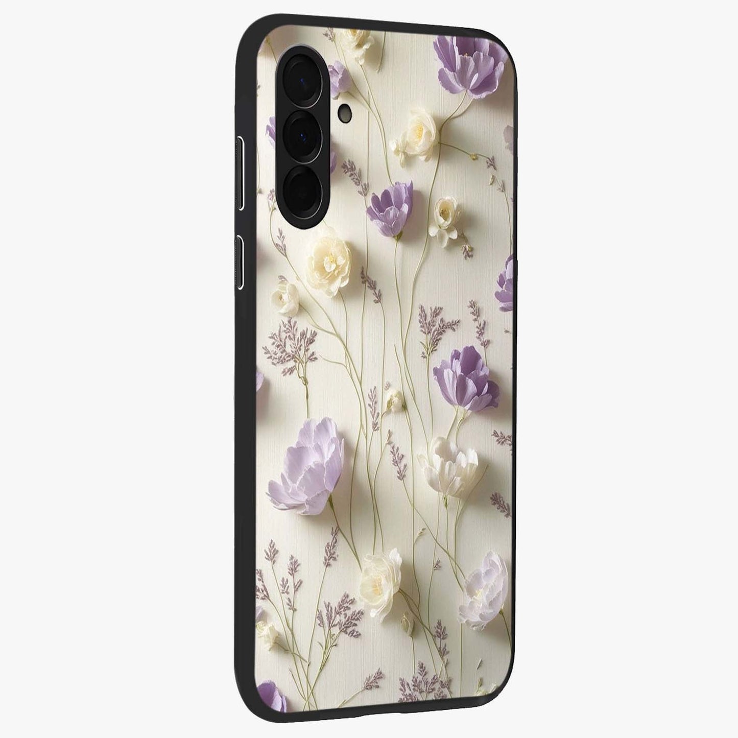 Lilac Breeze Harmony Glass Case upright view showcasing delicate lilac artwork with peaceful floral theme.
