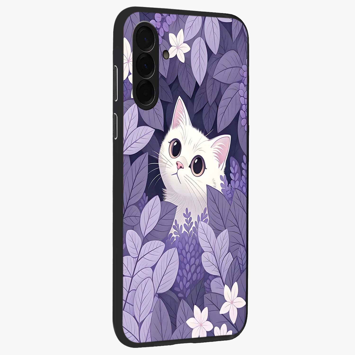 Lilac Hide Peek Cat Glass Case upright view showcasing charming cat artwork with adorable peek theme.