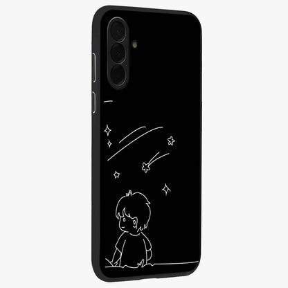 Line Art Boy With Shooting Stars Glass Case upright view showcasing artistic shooting star illustration with minimal style.