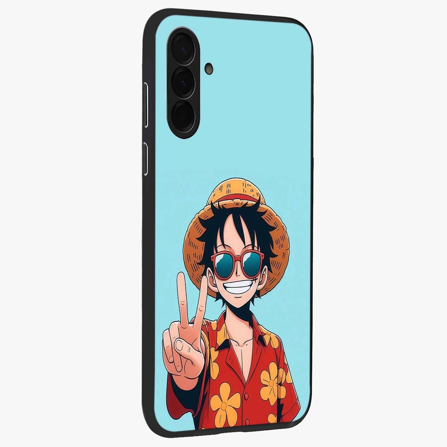 Luffy Summer Anime Vibe Glass Case upright view showcasing dynamic anime artwork with bright adventurous theme.