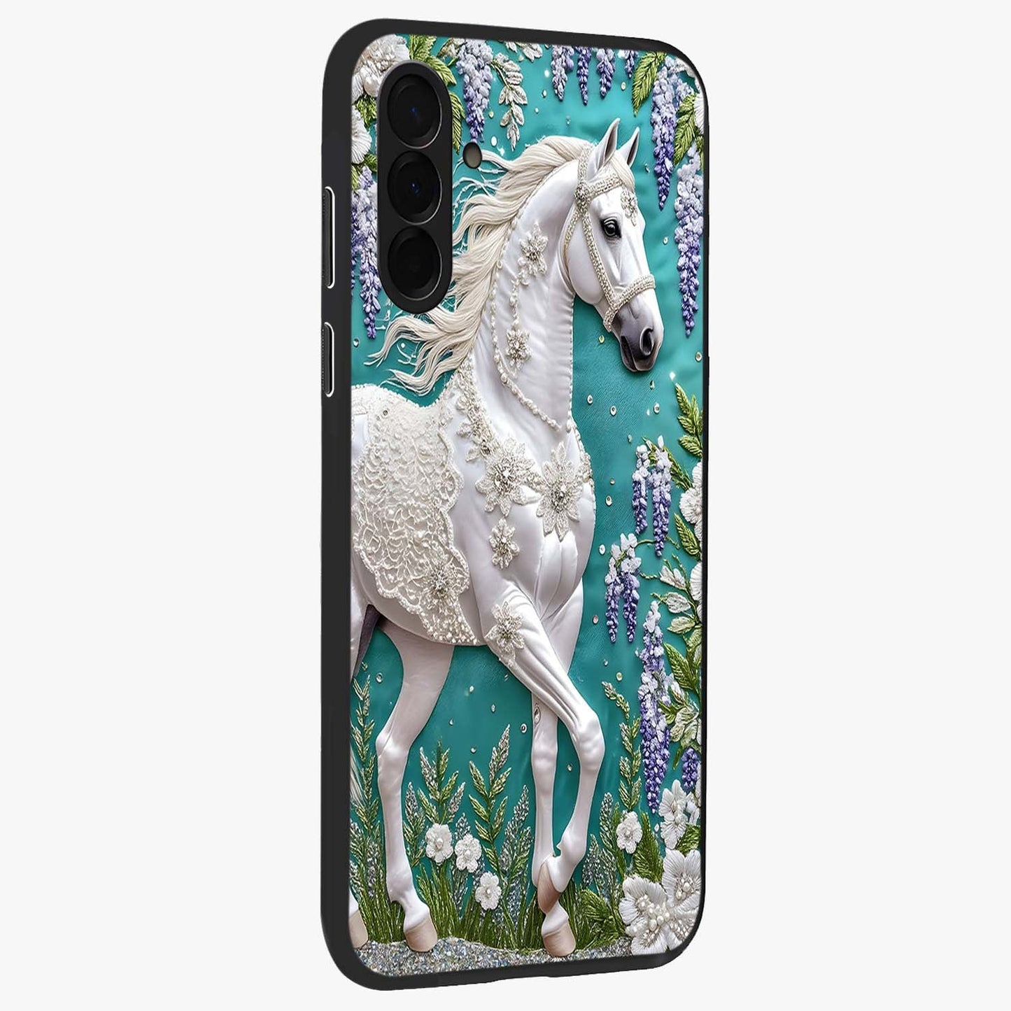 Majestic Floral Stallion Glass Case upright view showcasing dramatic horse artwork with decorative floral theme.