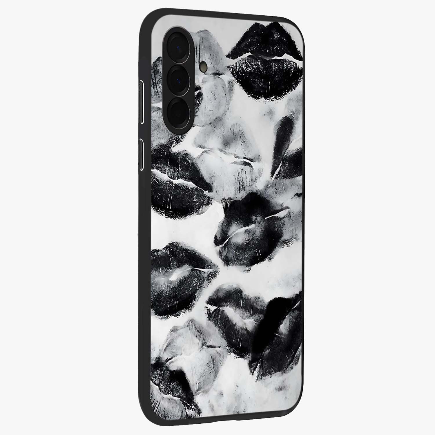 Midnight Kiss Marks Glass Case upright view showcasing stylish kiss mark artwork with trendy romantic theme.