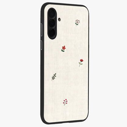 Minimalistic Blue With White Flower Pattern Glass Case upright view showcasing clean white flower artwork with calming blue theme.