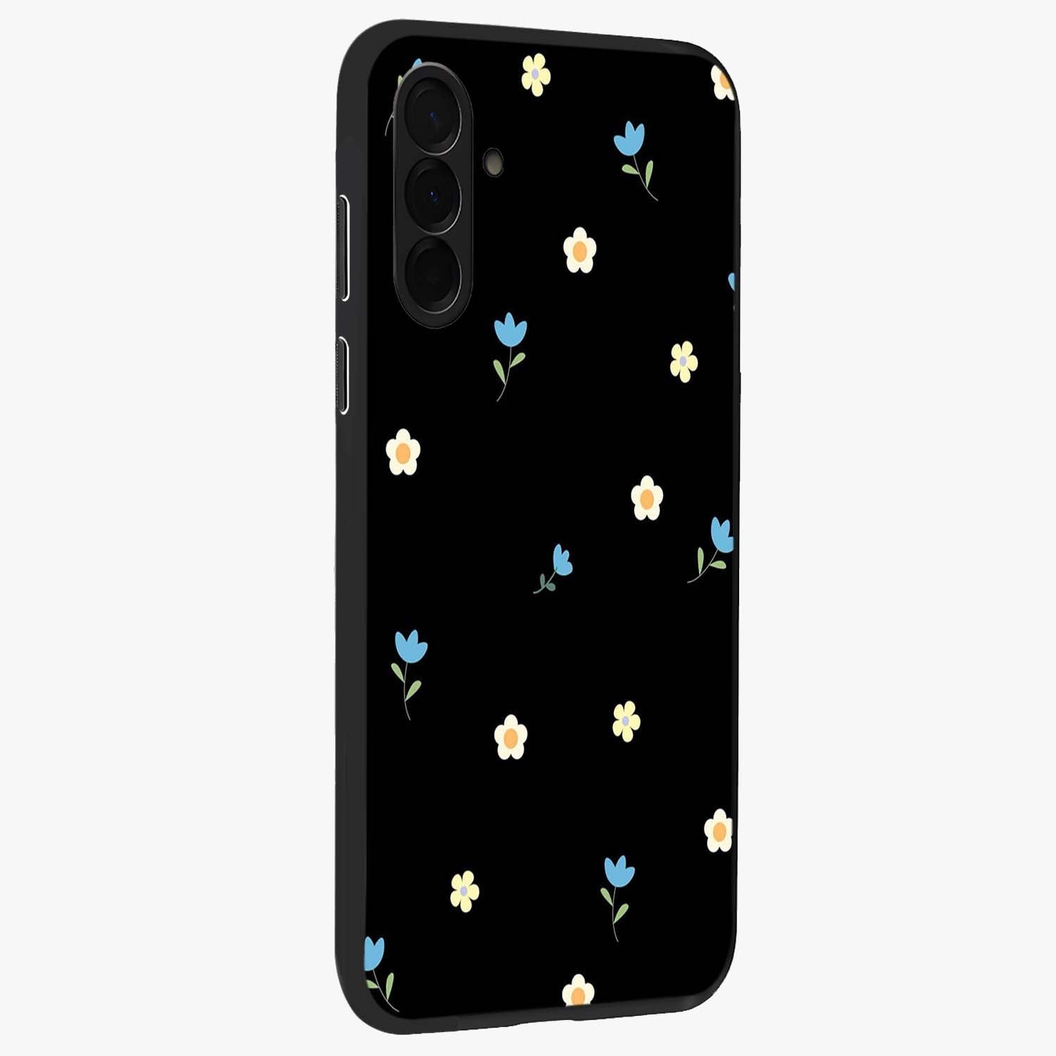 Minimal Petal Whispers Glass Case upright view showcasing elegant floral artwork with modern minimalist style.