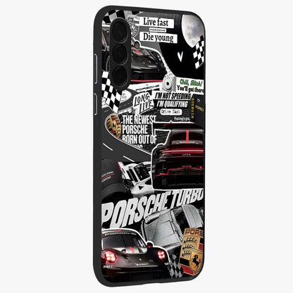Porsche Racing Collage Glass Case upright view showcasing energetic car collage artwork with high speed racing theme.