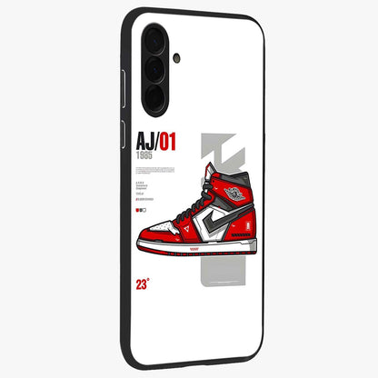 Retro Sneaker Blueprint Glass Case upright view showcasing stylish sneaker illustration with vintage streetwear theme.