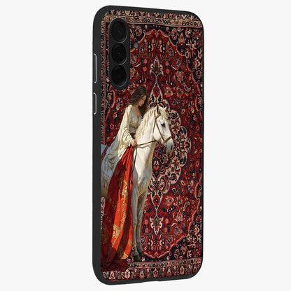 Royal Rider Tapestry Glass Case upright view showcasing detailed rider artwork with classic tapestry theme.