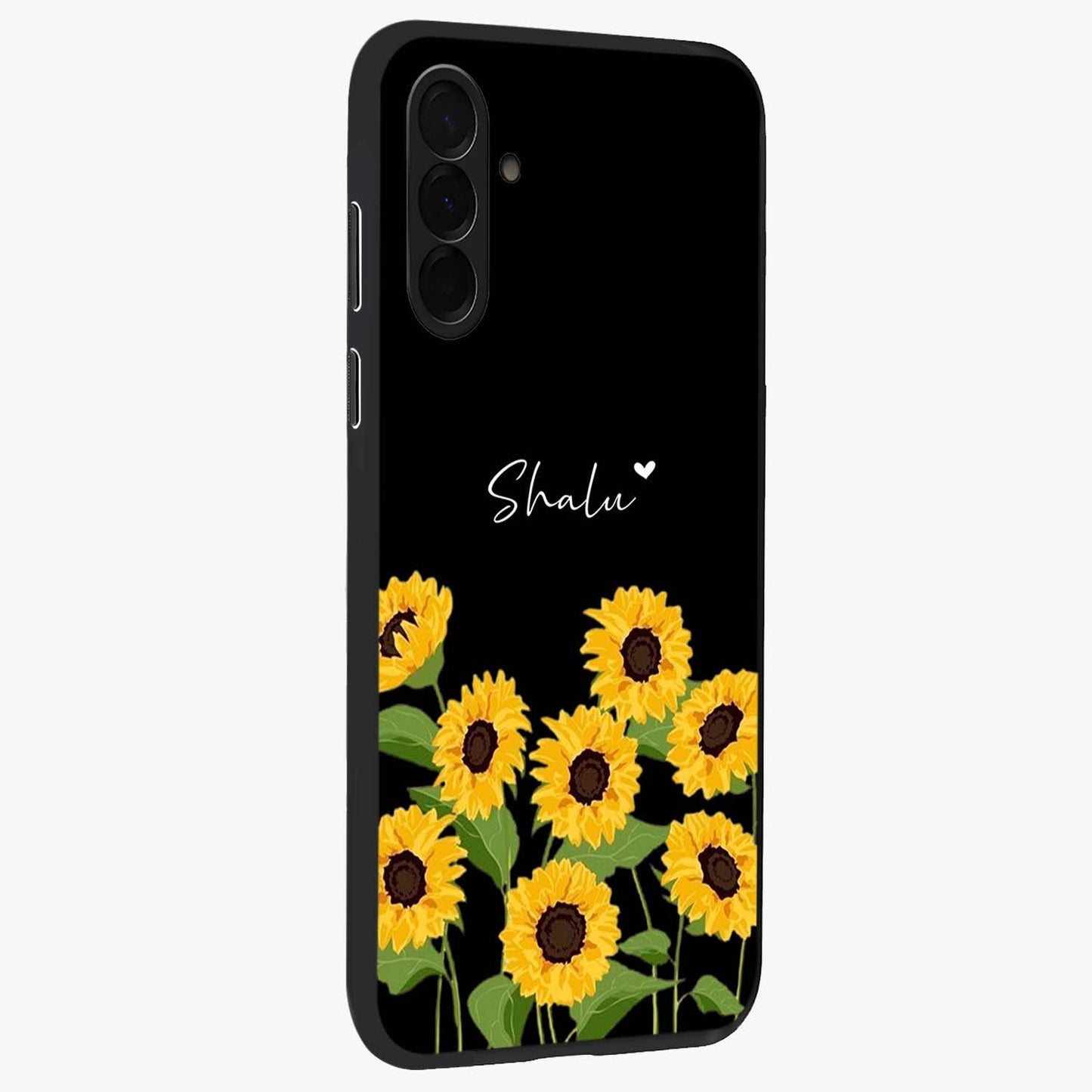 Sunflower Chic Mood Custom Name Glass Case upright view showcasing cheerful sunflower artwork with trendy floral theme.