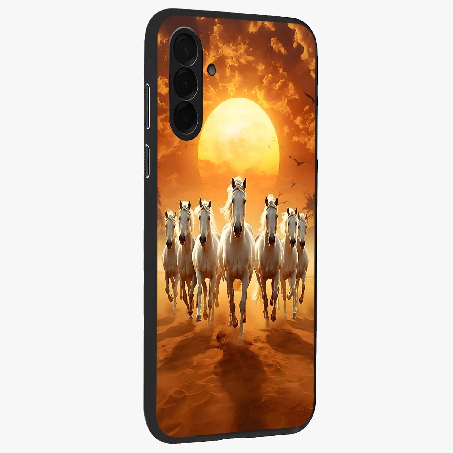 Wild Sunset Majesty Glass Case upright view showcasing dramatic sunset artwork with bold nature theme.