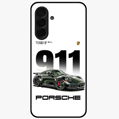 911 Turbo Dominance Glass Case showing clean flat back view with bold 911 sports car artwork and glossy glass finish.