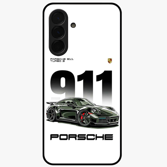 911 Turbo Dominance Glass Case showing clean flat back view with bold 911 sports car artwork and glossy glass finish.