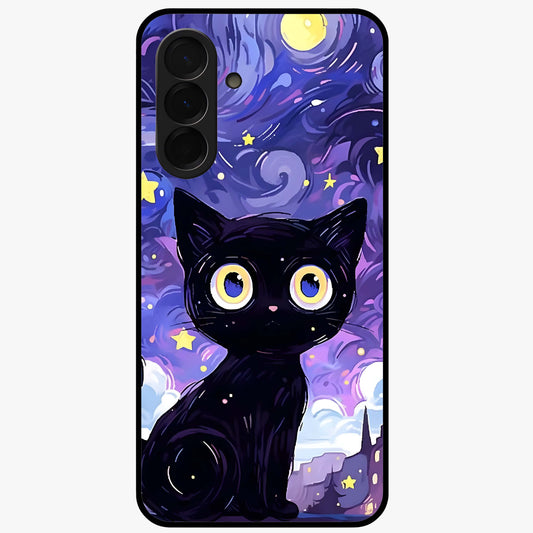 Abstract Cat Art Glass Case showing flat back view with artistic cat illustration and glossy glass finish.