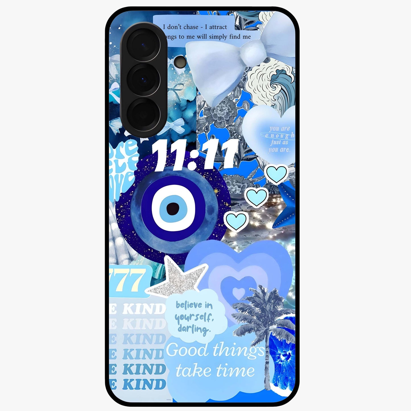 Aesthetic Be Kind Eye Glass Case showing flat back view with motivational eye artwork and glossy glass finish.