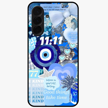 Aesthetic Be Kind Eye Glass Case showing flat back view with motivational eye artwork and glossy glass finish.