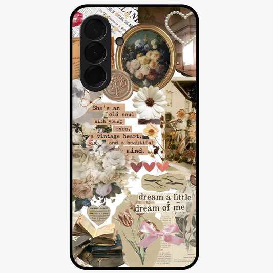 Aesthetic Brown Vintage Collage Glass Case showing flat back view with retro collage artwork and glossy glass finish.