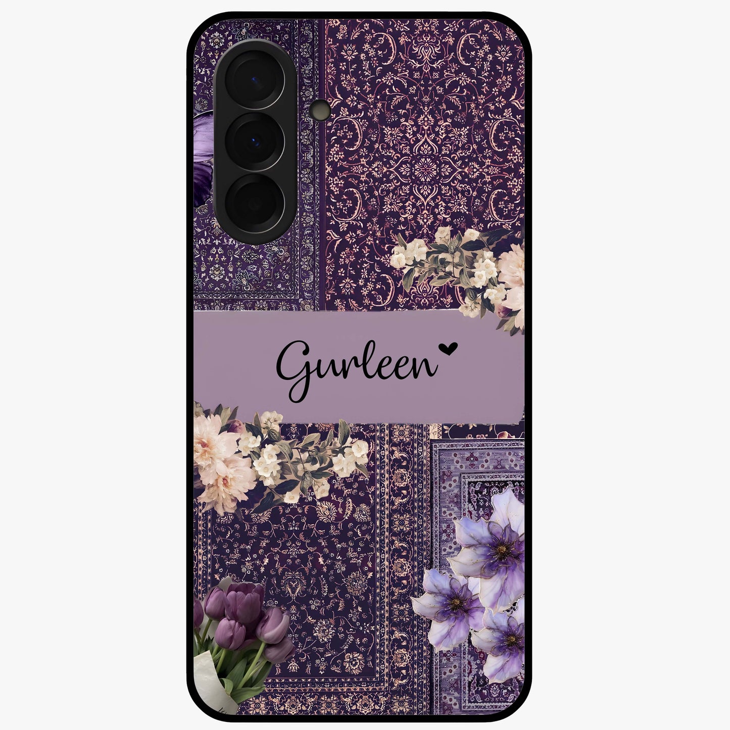 Antique Floral Whisper Custom Name Glass Case showing flat back view with vintage floral artwork and personalized name design.