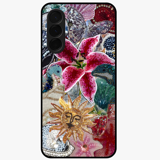 Beaded Garden Fantasy Glass Case showing flat back view with dreamy garden bead artwork and glossy glass finish.
