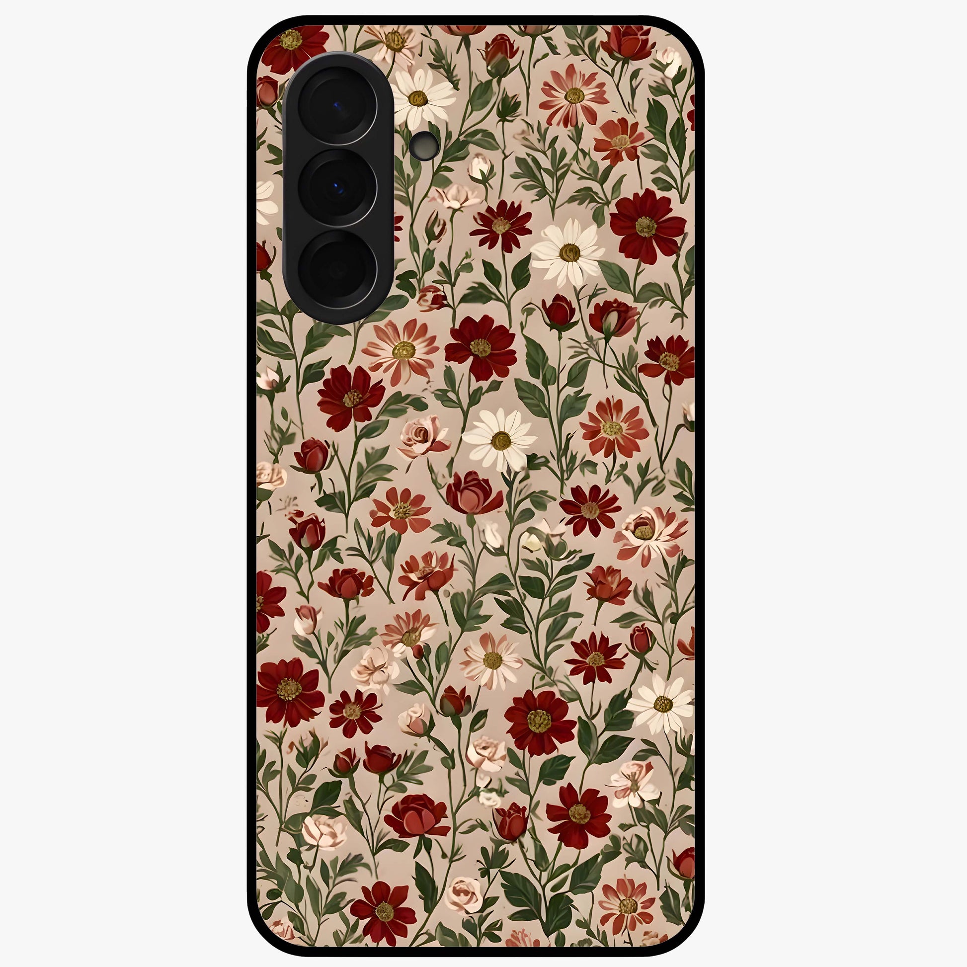 Biege Flower With Leaf Glass Case showing flat back view with soft beige floral artwork and glossy glass finish.