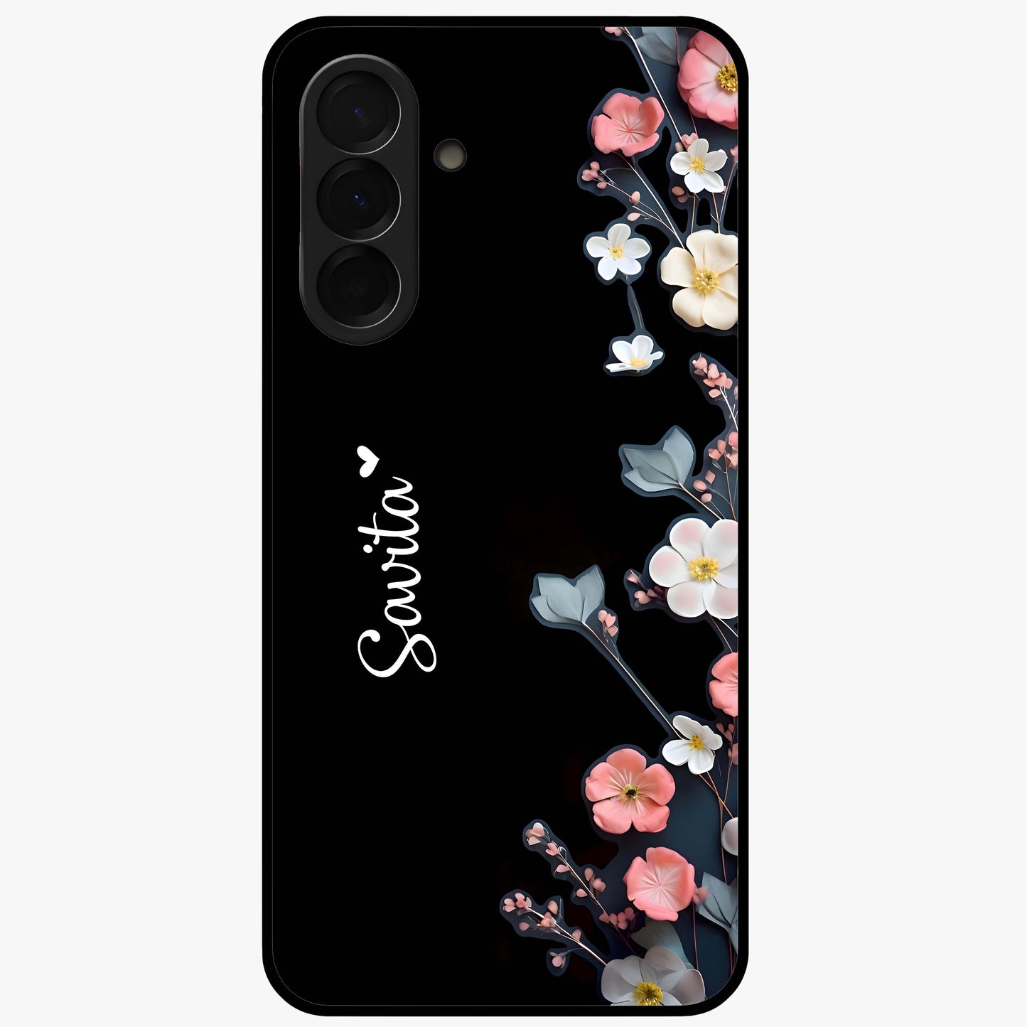 Black Elegance Floral Custom Name Glass Case showing flat back view with elegant floral artwork and personalized name design.