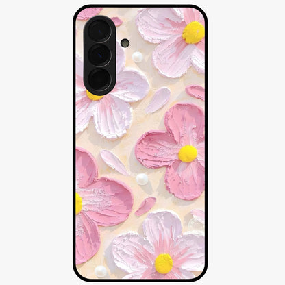 Blush Bloom Texture Glass Case showing flat back view with soft blush floral texture artwork and glossy glass finish.