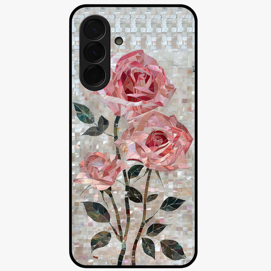 Blush Mosaic Bloom Glass Case showing flat back view with mosaic floral bloom artwork and glossy glass finish.