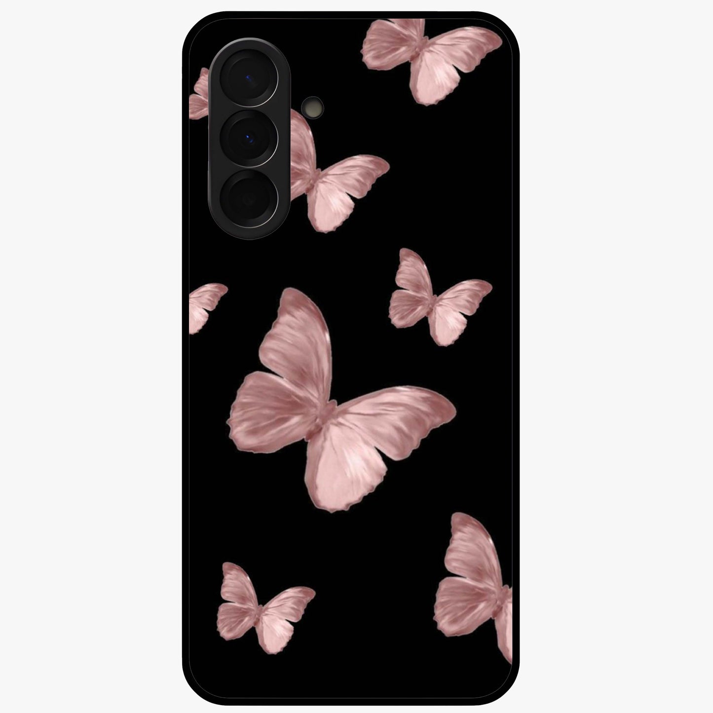 Butterfly Pattern Glass Case showing flat back view with elegant butterfly pattern artwork and glossy glass finish.