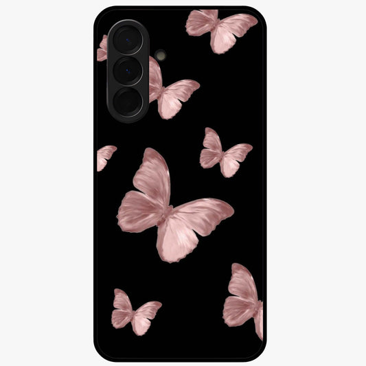 Butterfly Pattern Glass Case showing flat back view with elegant butterfly pattern artwork and glossy glass finish.