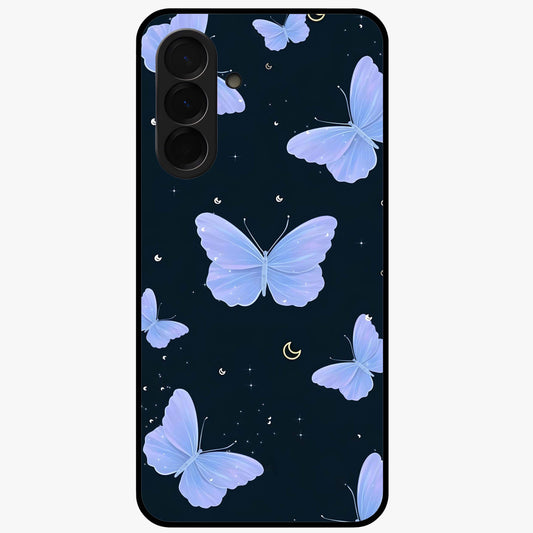 Butterfly With Stars Pattern Glass Case showing flat back view with butterfly and star pattern artwork and glossy glass finish.