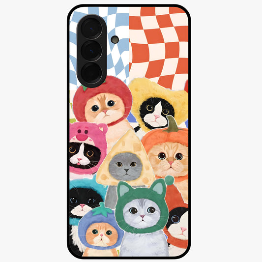 Cats in Fruits Glass Case showing flat back view with playful cat illustrations inside fruit artwork and glossy glass finish.