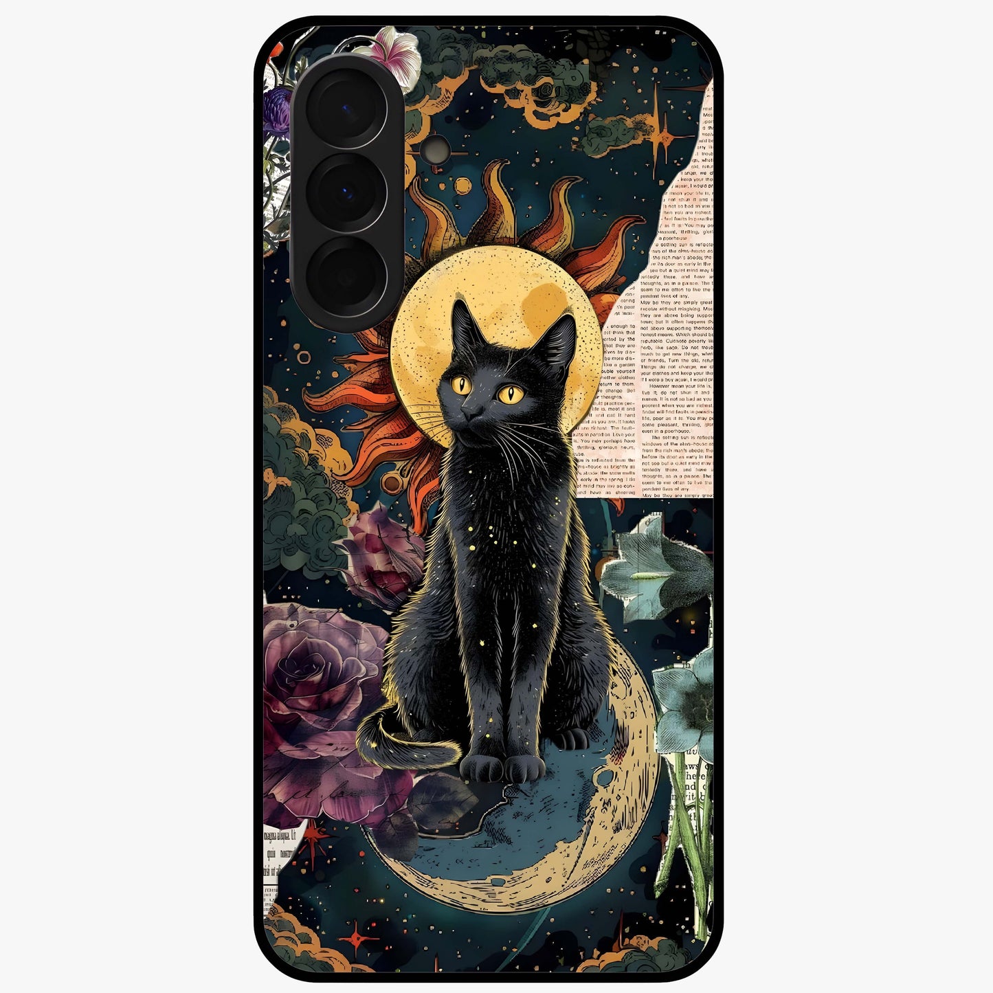 Celestial Black Cat Glass Case showing flat back view with mystical black cat artwork and glossy glass finish.