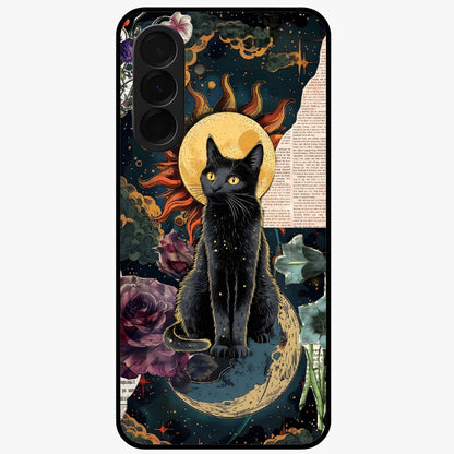 Celestial Black Cat Glass Case showing flat back view with mystical black cat artwork and glossy glass finish.