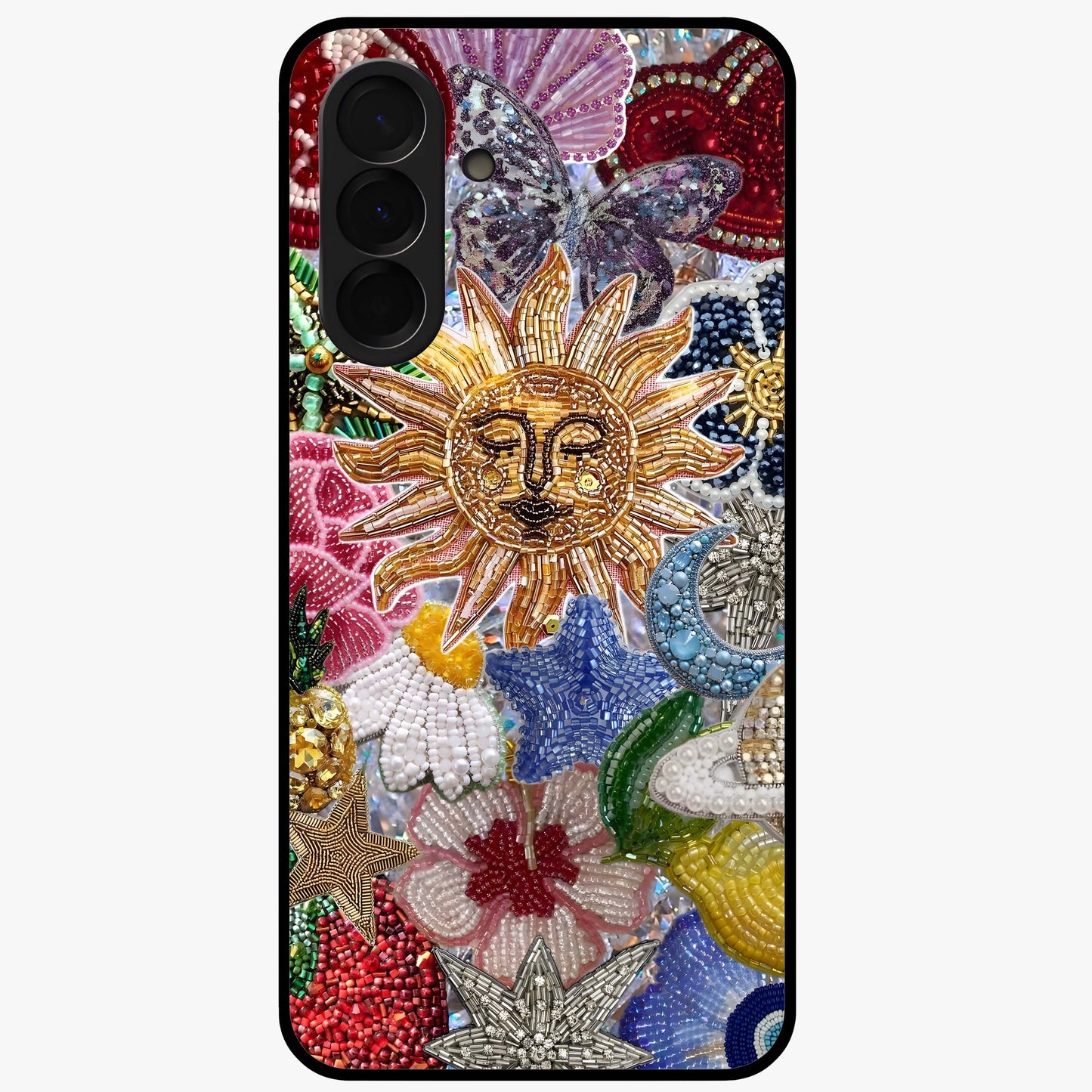 Celestial Floral and Playful Glass Case showing flat back view with floral and celestial themed artwork and glossy glass finish.
