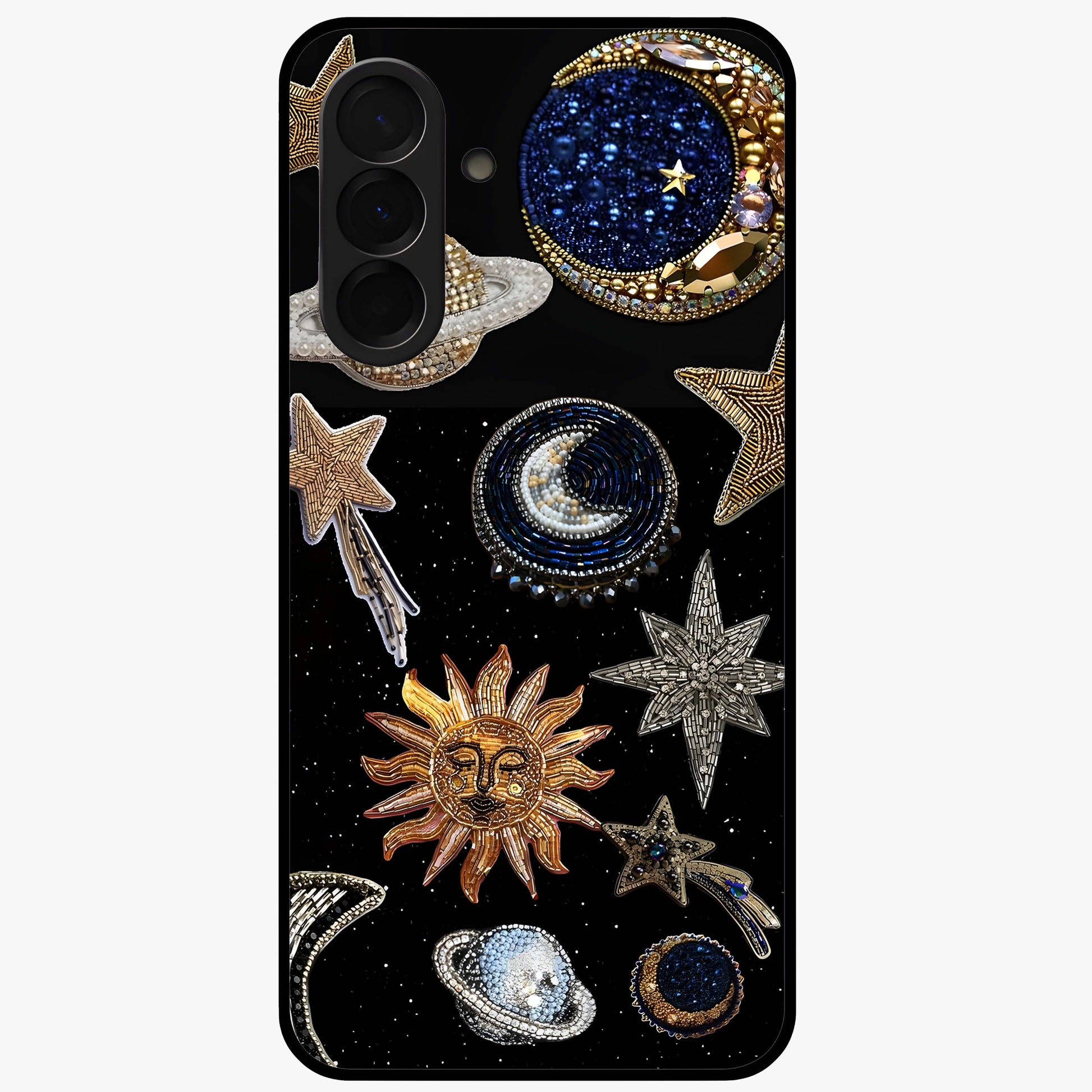 Celestial Gem Constellations Glass Case showing flat back view with sparkling constellation artwork and glossy glass finish.