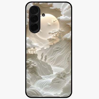 Celestial Origami Glass Case showing flat back view with artistic origami inspired celestial artwork and glossy glass finish.