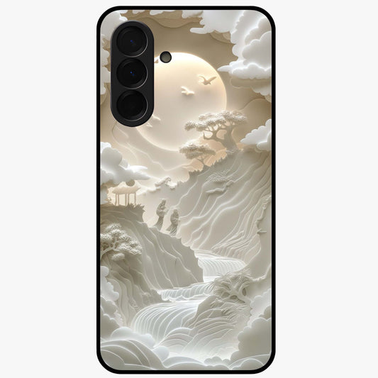Celestial Origami Glass Case showing flat back view with artistic origami inspired celestial artwork and glossy glass finish.