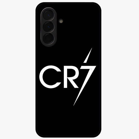 Cr7 Elite Strike Glass Case showing flat back view with dynamic football inspired artwork and glossy glass finish.