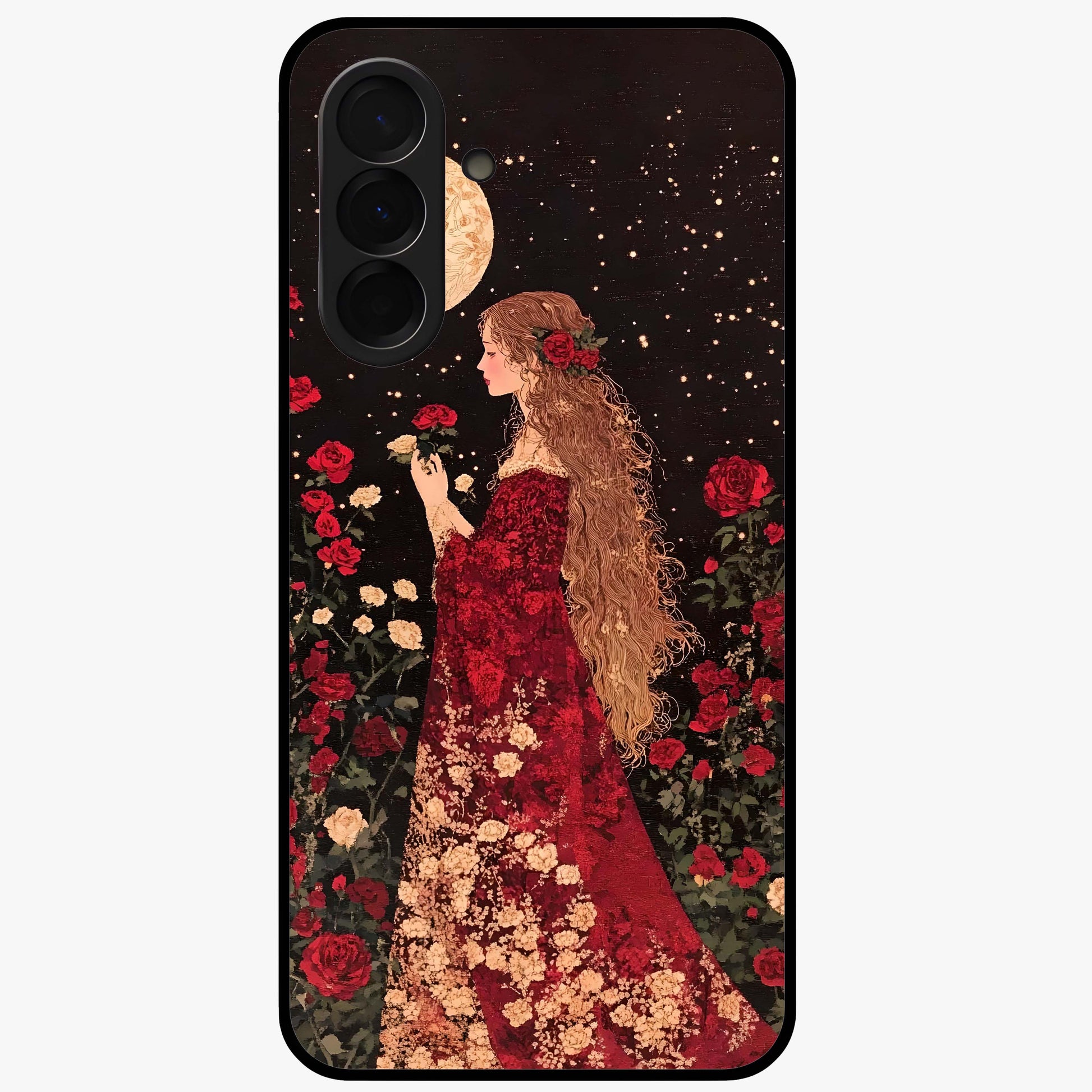 Crimson Dreams Glass Case showing flat back view with dreamy crimson artwork and glossy glass finish.