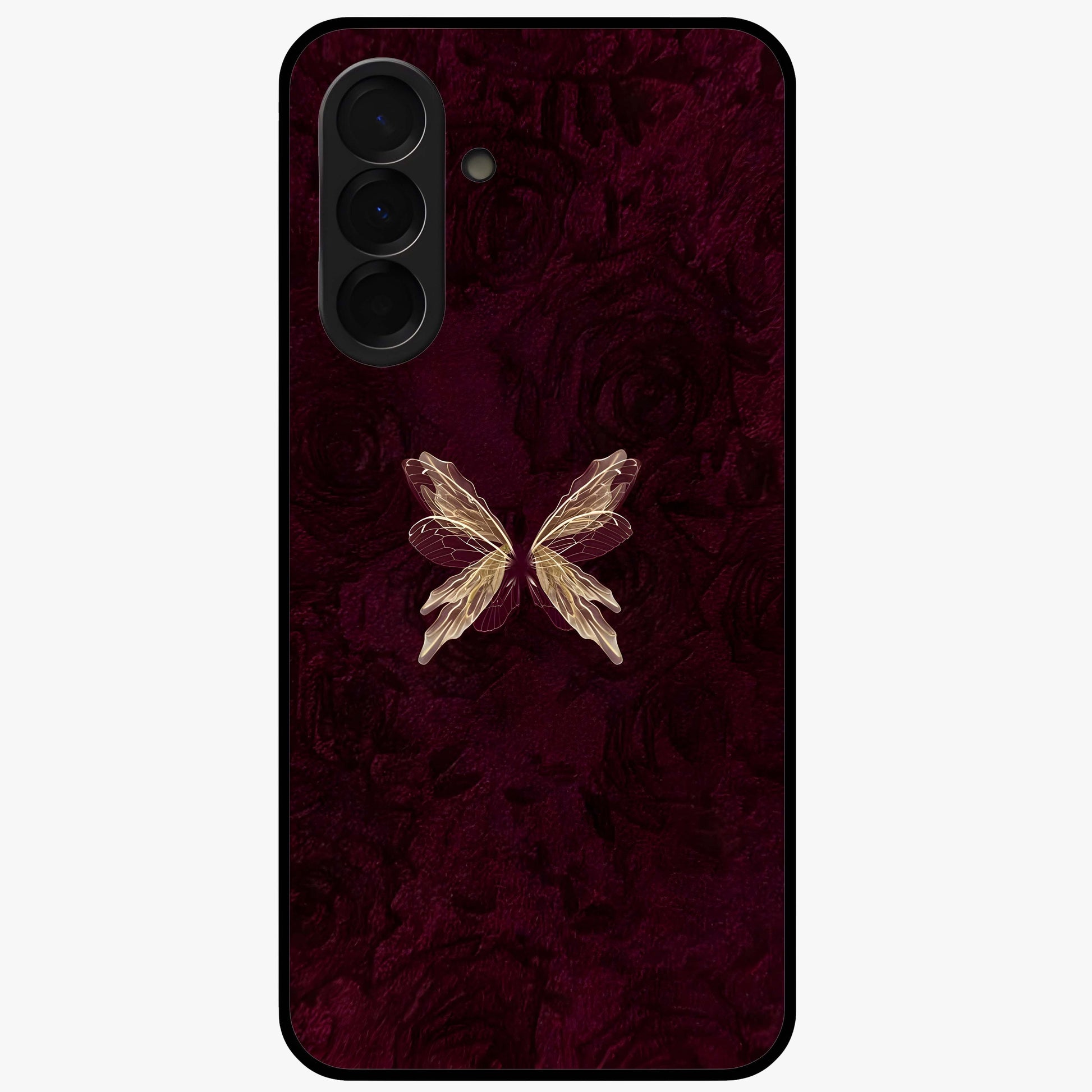 Crimson Fade Butterfly Glass Case showing flat back view with fading butterfly artwork and glossy glass finish.