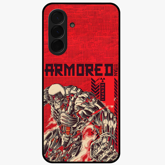 Crimson Mecha Titan Glass Case showing flat back view with powerful mech titan artwork and glossy glass finish.