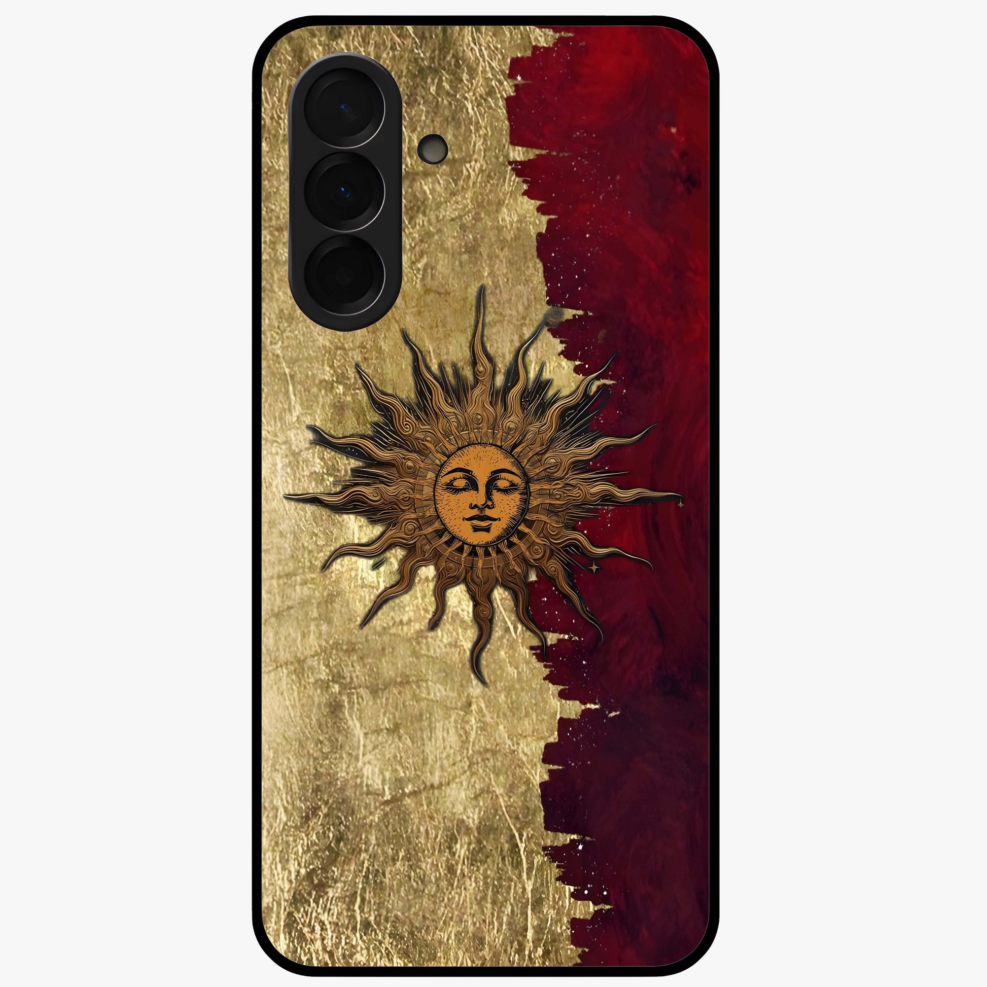 Crimson Sun Majesty Glass Case showing flat back view with radiant sun inspired artwork and glossy glass finish.
