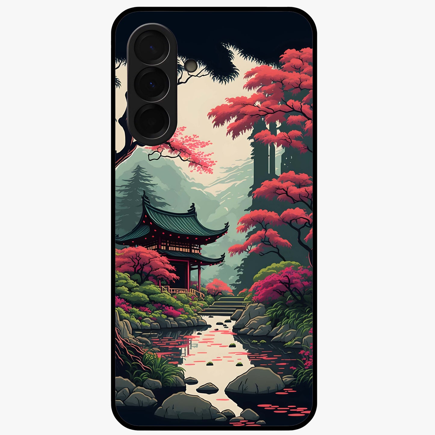 Crimson Temple View Glass Case showing flat back view with temple inspired artwork and glossy glass finish.